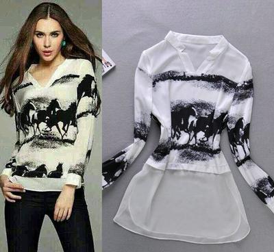 歐洲站明星走秀同款馬圖案V領(lǐng)長(zhǎng)袖拼接時(shí)尚真絲小衫T553