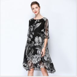 高檔精品,廠家正品2018夏裝新款大碼媽媽裝中長款桑蠶絲印花連衣裙時(shí)尚簡約真絲女裙